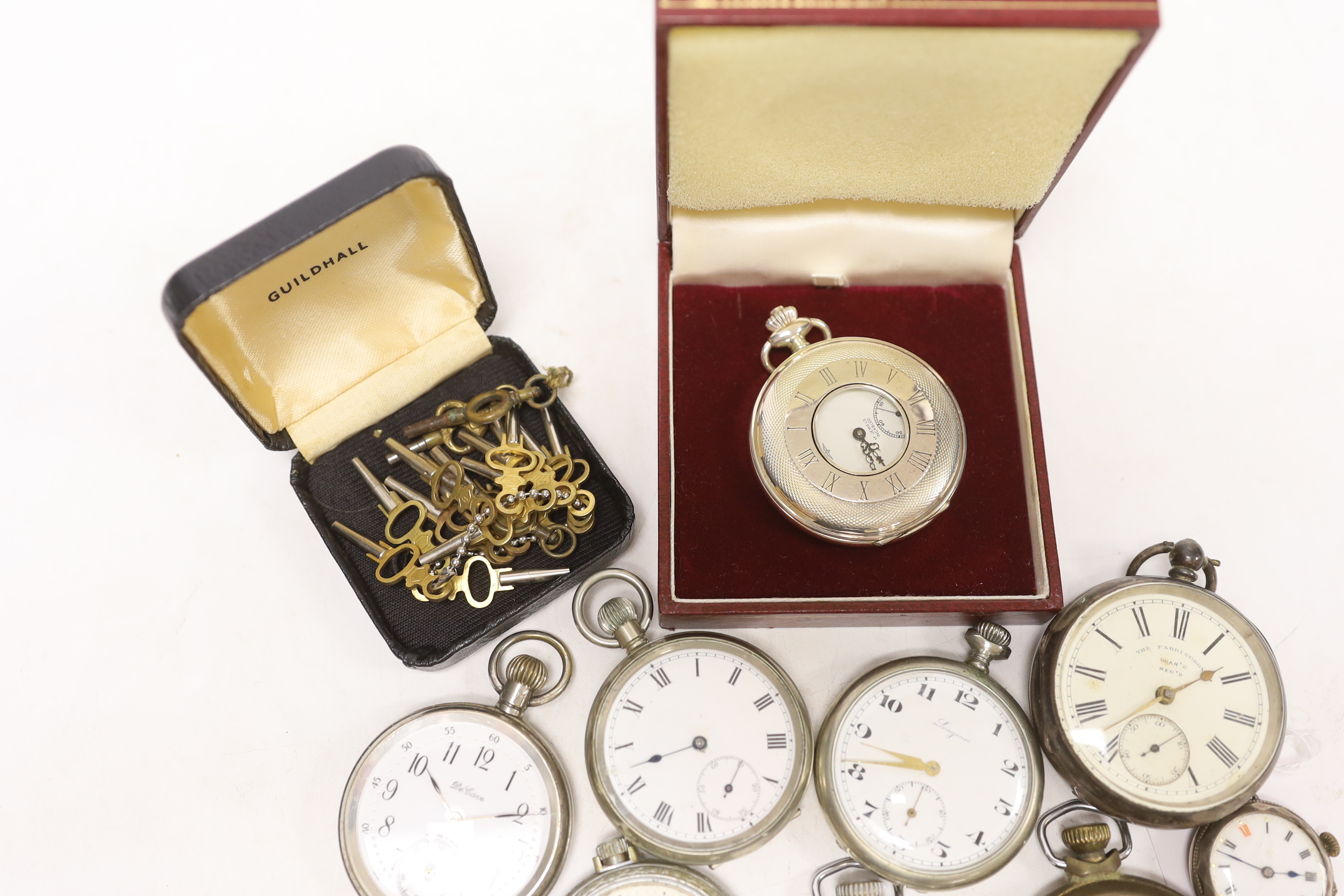 Assorted pocket watches including Ingersoll, Longines and silver open face, two wrist watches and assorted watch keys.
